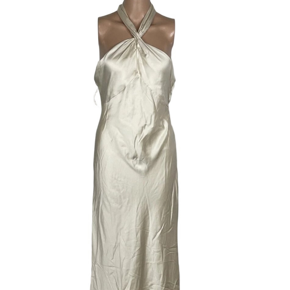 NEW ANTHROPOLOGIE X BHLDN Selma Halter Neck Satin Maxi Dress |Size S| Champagne